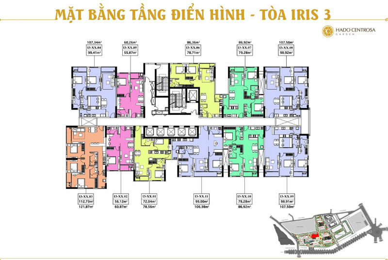 Sơ đồ mặt bằng tầng của tòa căn hộ Iris 3 dự án Hado Centrosa Garden