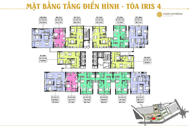 Sơ đồ mặt bằng tầng của tòa căn hộ Iris 4 dự án Hado Centrosa Garden